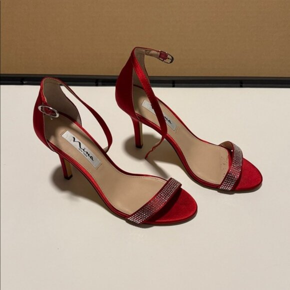 Nina Red Satin Heels with Rhinestone Strap - Picture 1 of 6